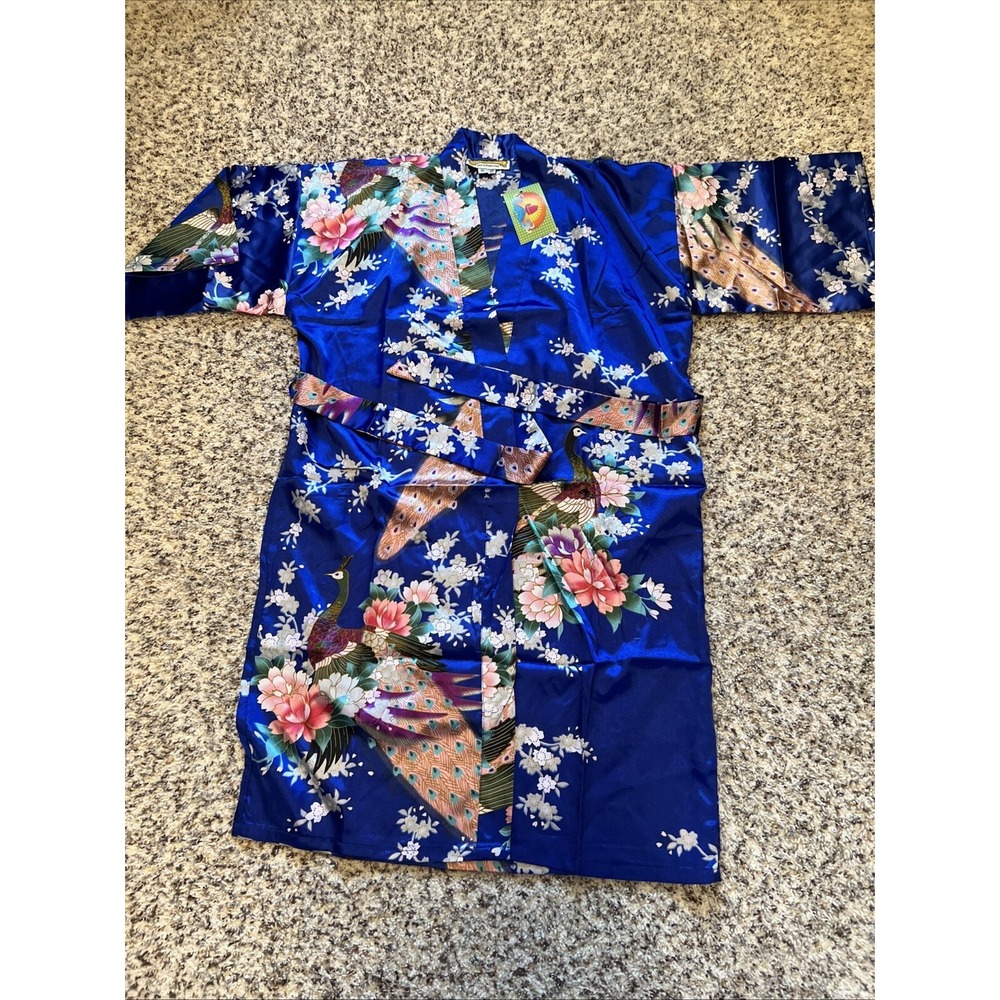 Oriental Village Silk Collection Kimono Belted Robe Size XL Royal Blue New